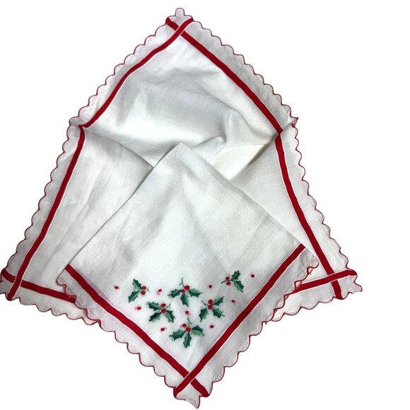 Embroidered handkerchief hankie 11-3/4 in. by 11-3/4 in. Red and white Christmas - Picture 5 of 11
